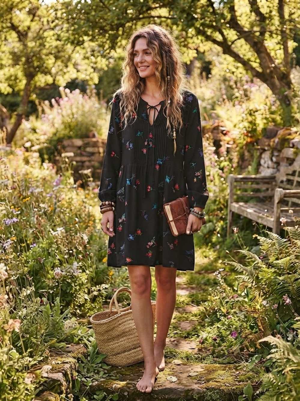 Old Navy Boho Black Floral Tunic Dress - Women's Long Sleeve Size XL